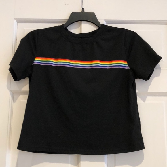 Tops - Black T-shirt with Rainbow Ribbon Design